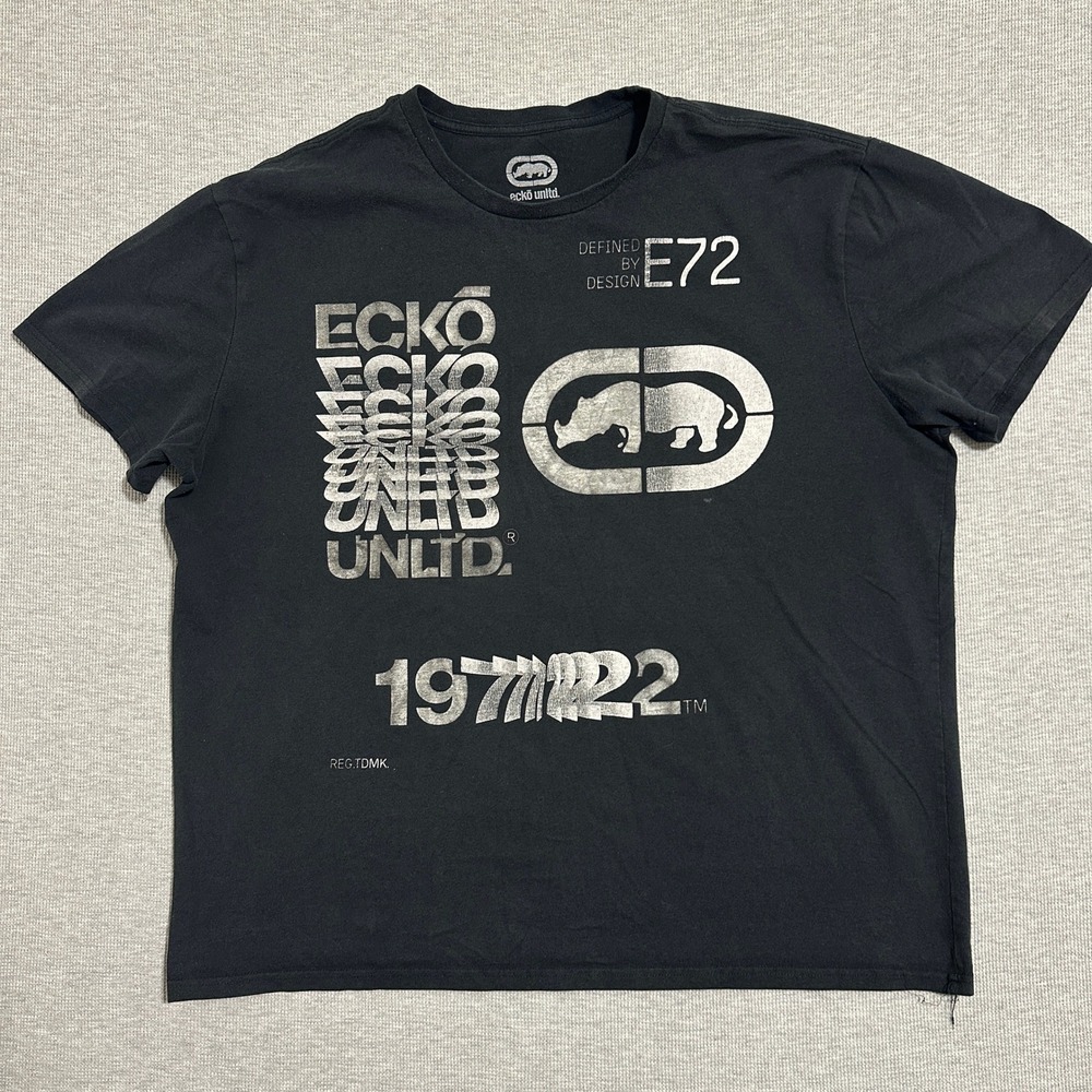 Ecko Unltd Rhino Logo Graphic T-Shirt Mens 2XL Black Streetwear Tee Silver Print